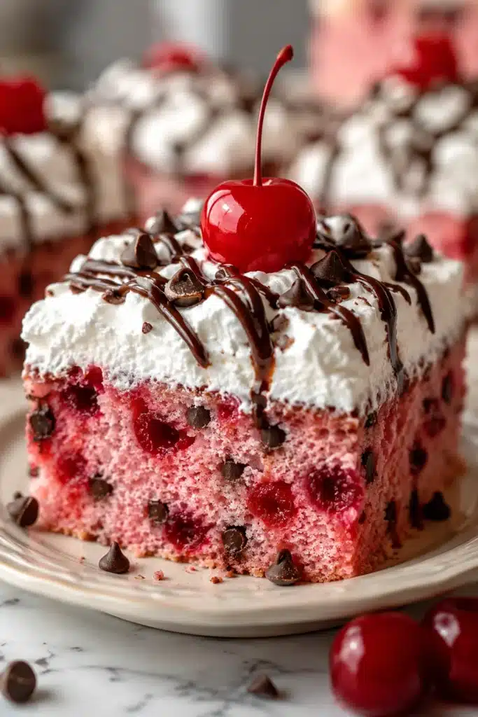 Cherry Chocolate Chip Poke Cake slice with whipped topping and chocolate drizzle