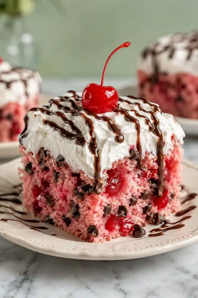 Cherry Chocolate Chip Poke Cake slice with whipped topping, chocolate drizzle, and cherry garnish