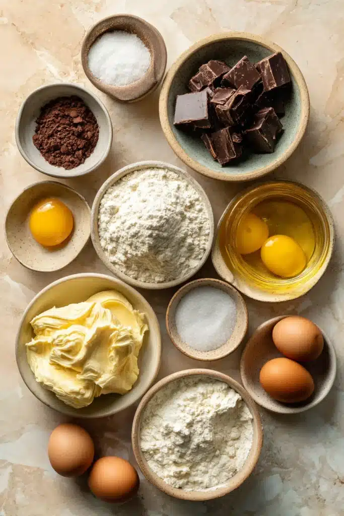 Choco Cheesecake Cookie Bites ingredients arranged in bowls for baking