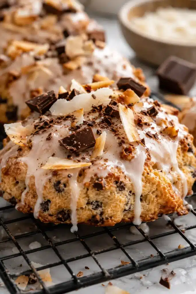 Chocolate Coconut Scones topped with coconut icing, dark chocolate chunks, and coconut flakes