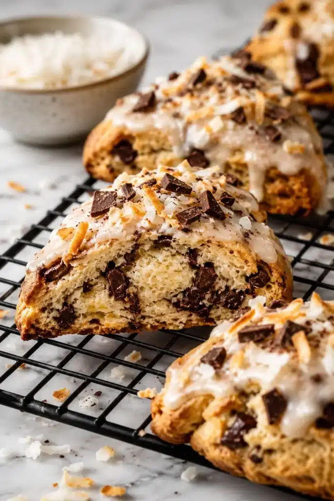Chocolate Coconut Scones with soft crumb, coconut icing, and dark chocolate chunks