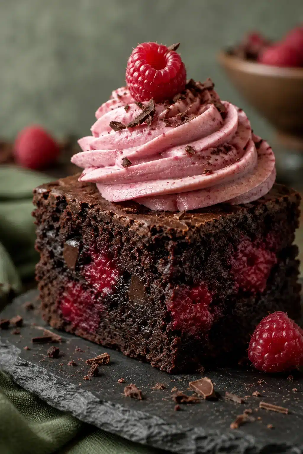 Chocolate raspberry brownie topped with raspberry frosting and fresh raspberry