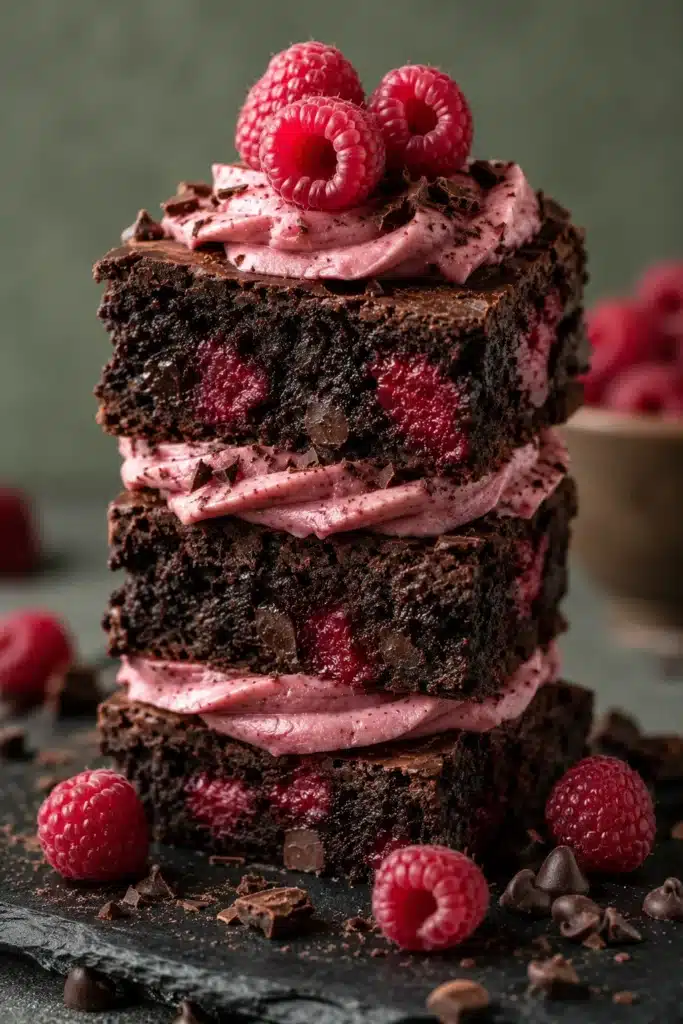 Chocolate Raspberry Brownies stacked with raspberry frosting and fresh raspberries
