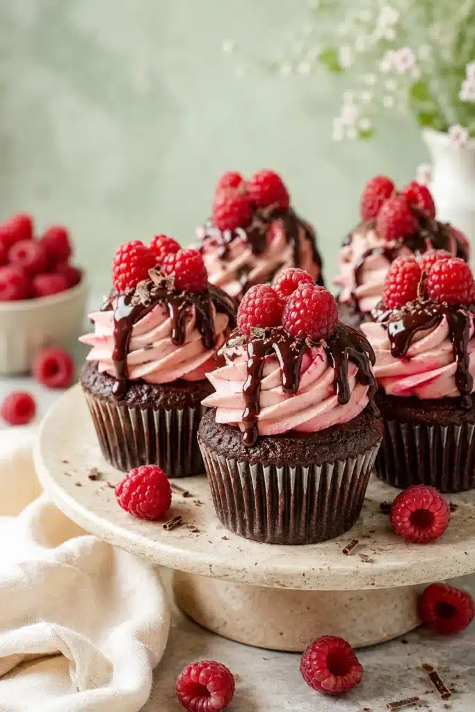 Chocolate raspberry cupcakes with pink raspberry buttercream and chocolate ganache topping