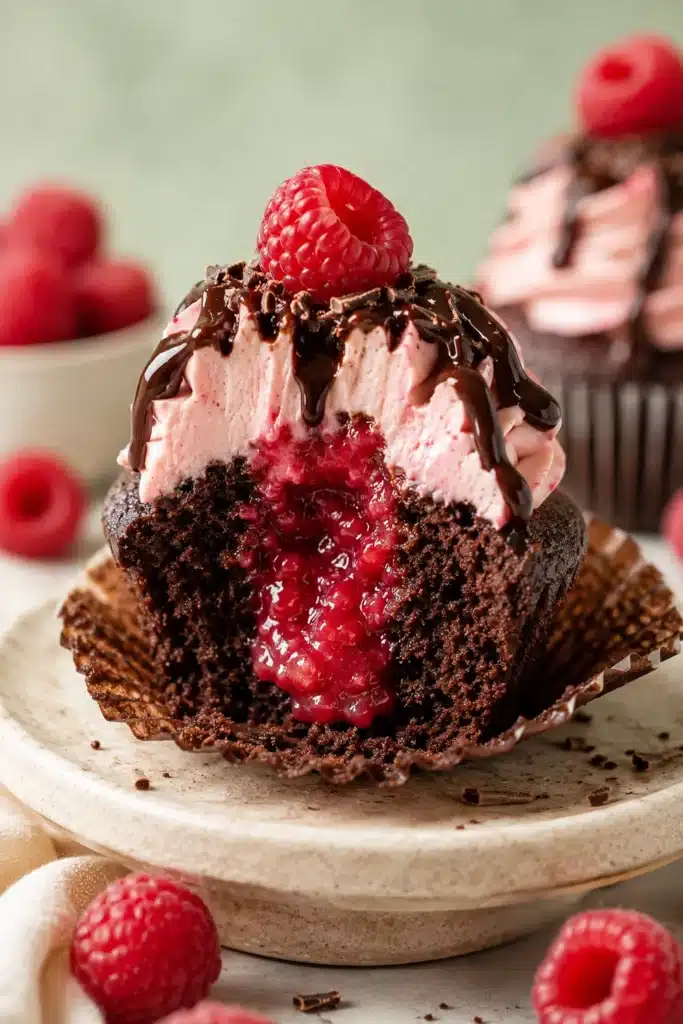 Chocolate Raspberry Cupcakes with raspberry filling and raspberry buttercream