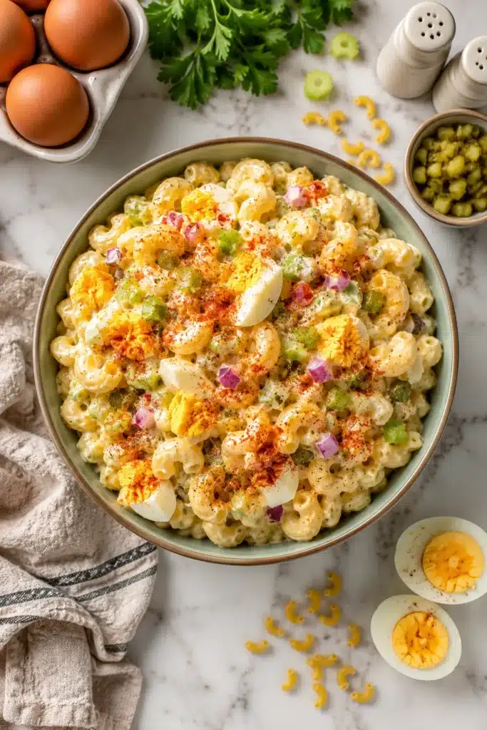 Deviled Egg Macaroni Salad served in a bowl with eggs and paprika topping