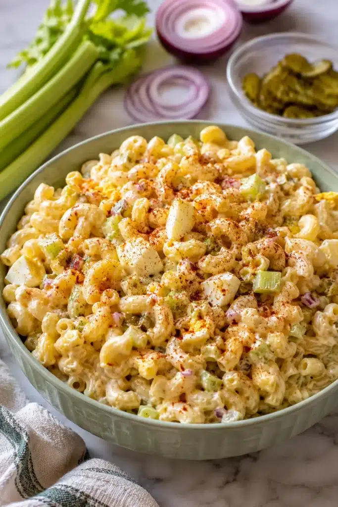 Creamy Deviled Egg Macaroni Salad served in a bowl with paprika garnish