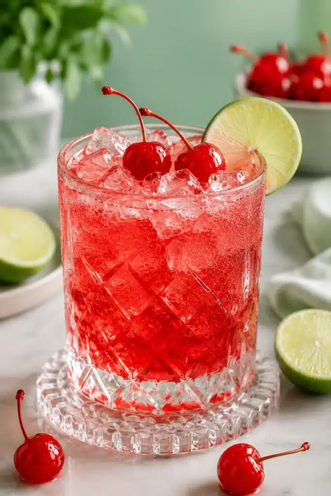 Dirty Shirley Temple cocktail with cherries, lime garnish, and crushed ice