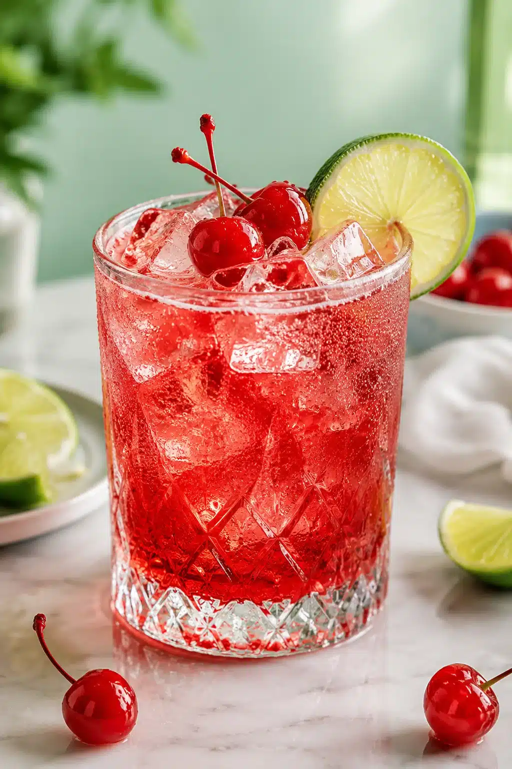 Dirty Shirley Temple cocktail with cherries, lime garnish, and ice in a crystal glass