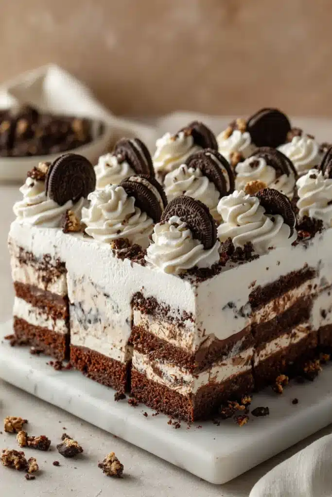 Easy Ice Cream Cake topped with whipped cream, cookie crumbs, and mini cookies