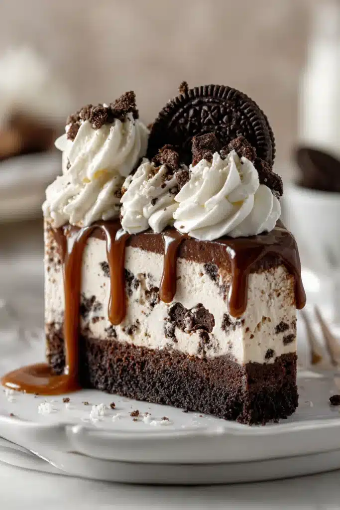 Easy brownie ice cream cake slice with caramel drizzle, Oreo cookies, and whipped cream topping