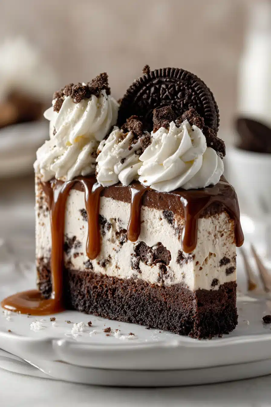 Easy brownie ice cream cake slice with caramel drizzle, Oreo cookies, and whipped cream topping