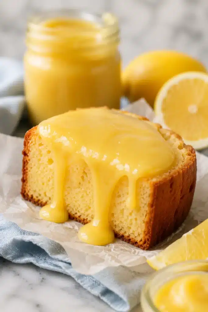 Easy Lemon Curd Recipe served over moist lemon loaf cake