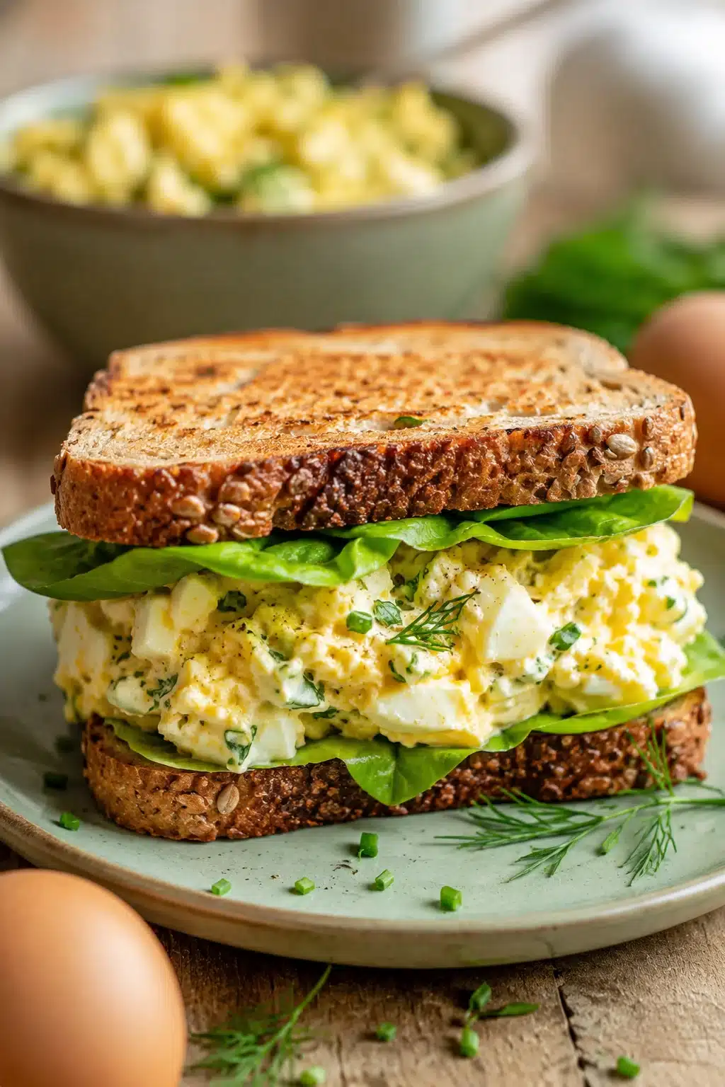 Creamy egg salad sandwich on toasted whole wheat bread with fresh lettuce.
