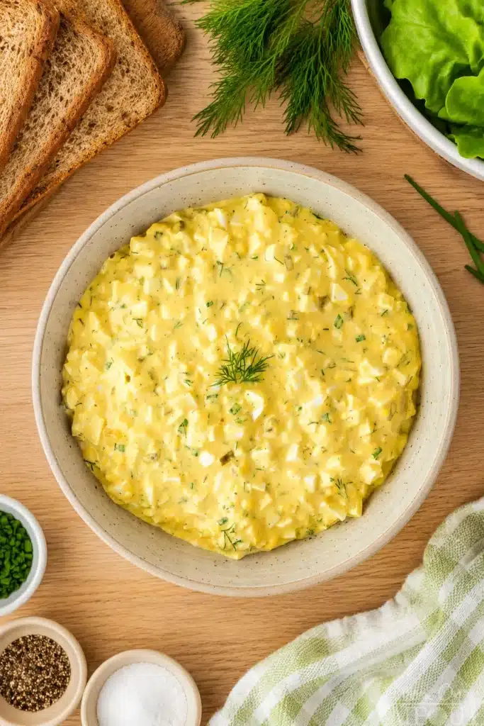 Egg Salad 3 Creamy Egg Salad in a bowl with fresh dill and toasted bread.