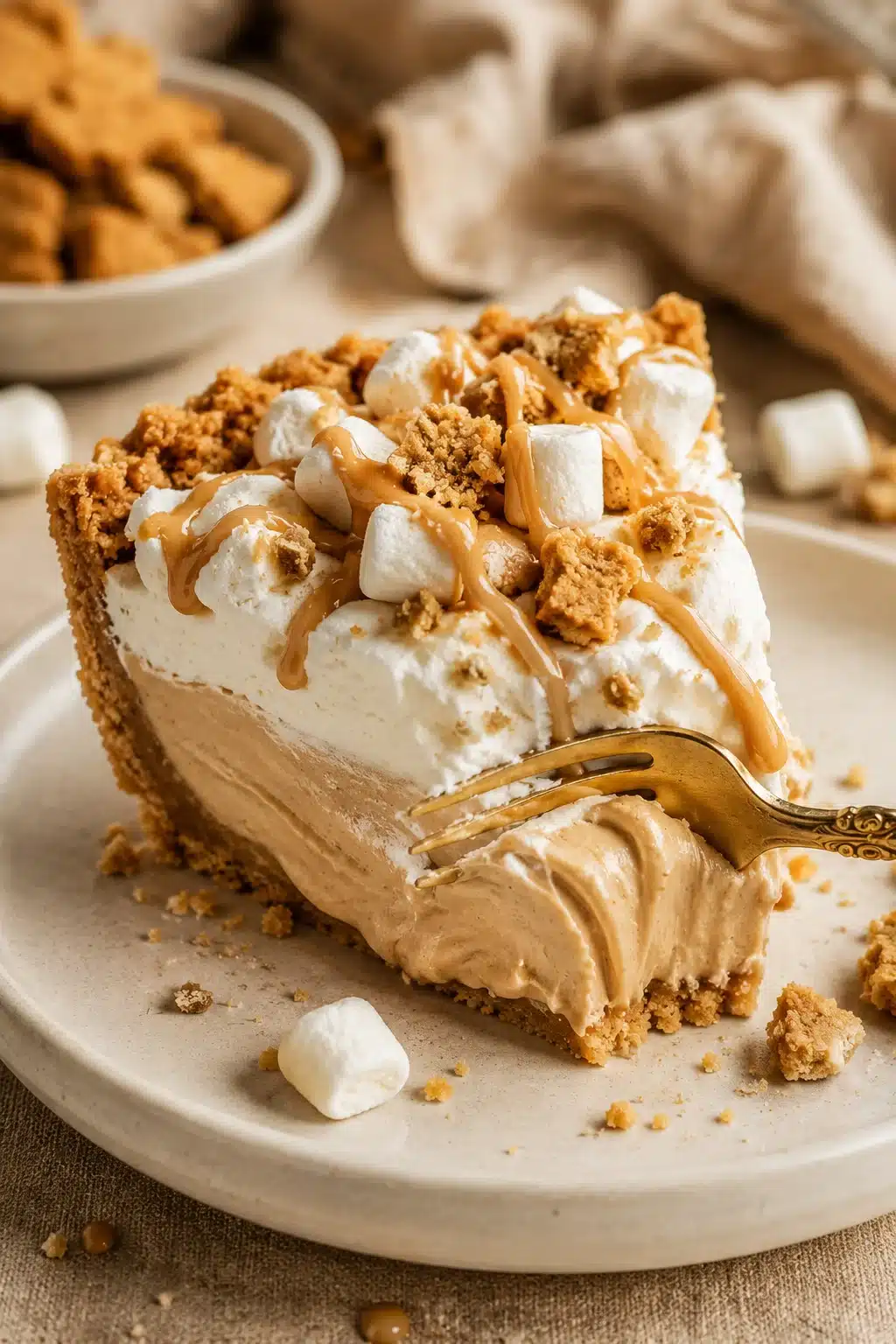 Fluffernutter pie slice topped with marshmallow cream, peanut butter drizzle, and cookie crumbles