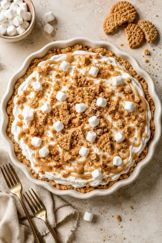 Overhead view of Fluffernutter Pie topped with marshmallows, peanut butter drizzle, and cookie crumbles