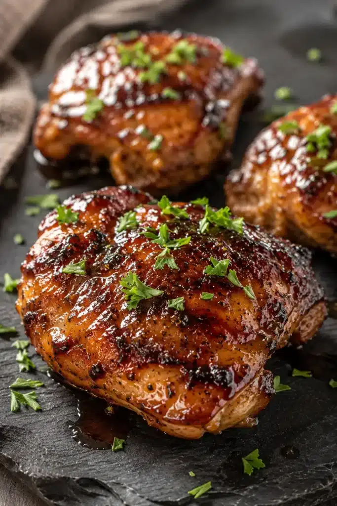 Juicy balsamic chicken thighs with caramelized glaze and fresh parsley garnish