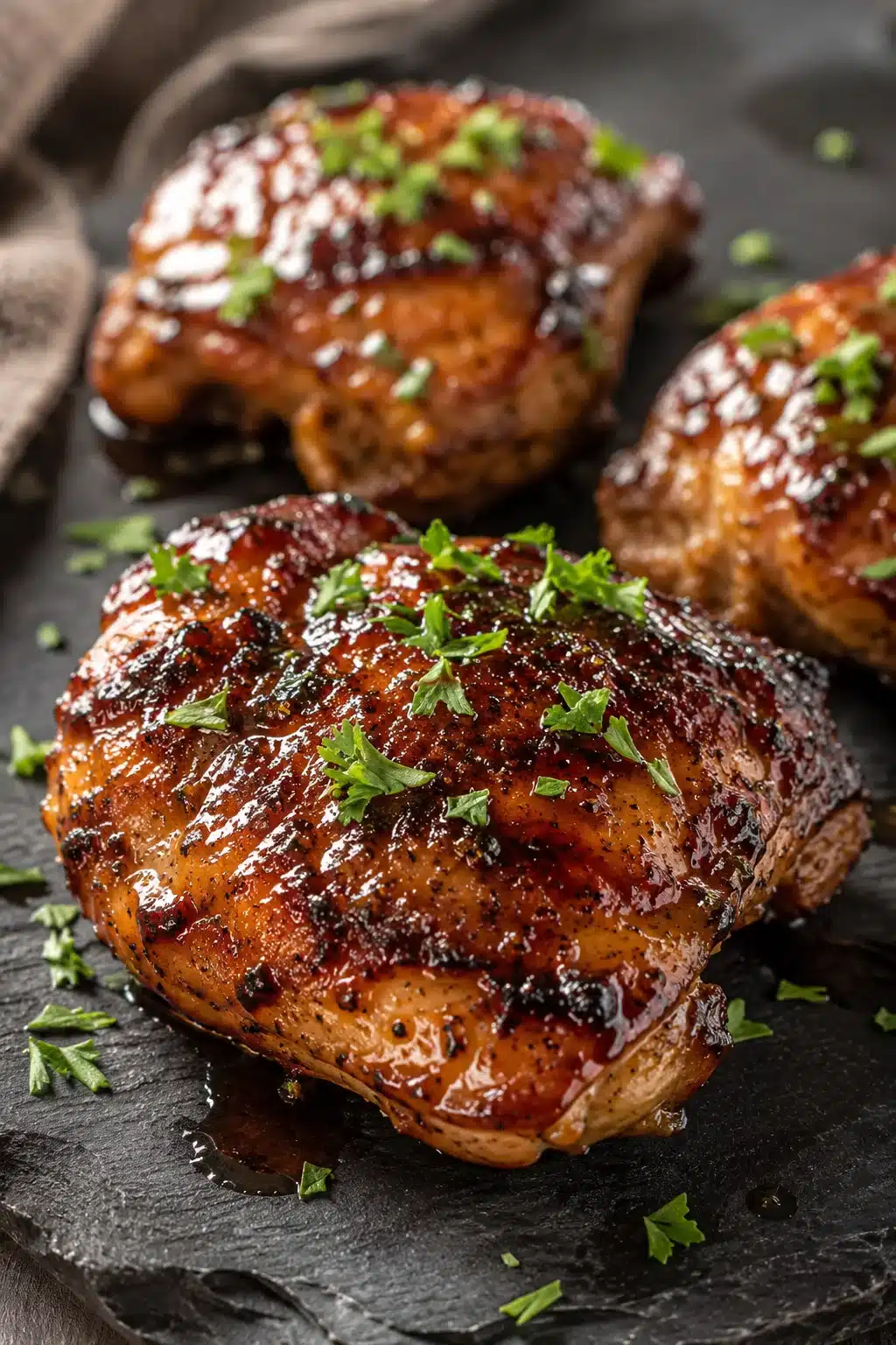 Juicy balsamic chicken thighs with caramelized glaze and fresh parsley garnish