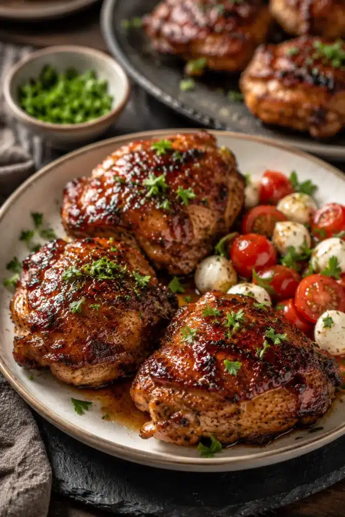 Plated Balsamic Chicken Recipe with cherry tomatoes and mozzarella