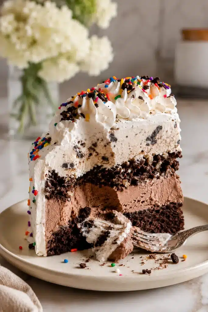 Ice cream cake slice with chocolate cake, chocolate ice cream, Oreo crunch, and whipped cream frosting