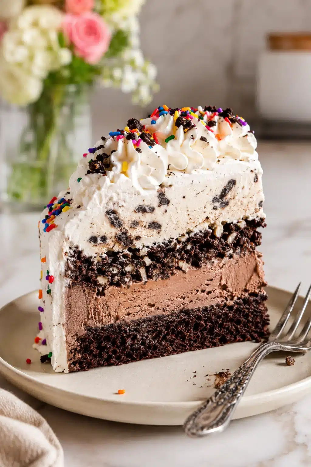 Ice cream cake slice with chocolate cake, chocolate ice cream, Oreo crunch, and whipped cream frosting