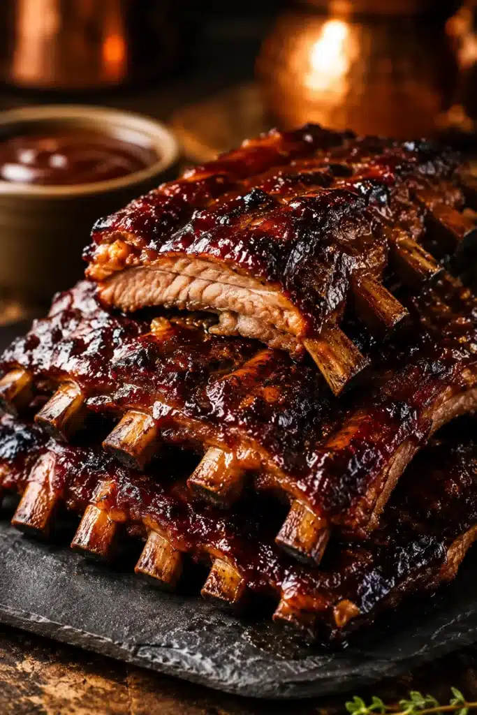 Instant Pot ribs with sticky BBQ glaze served on a rustic platter