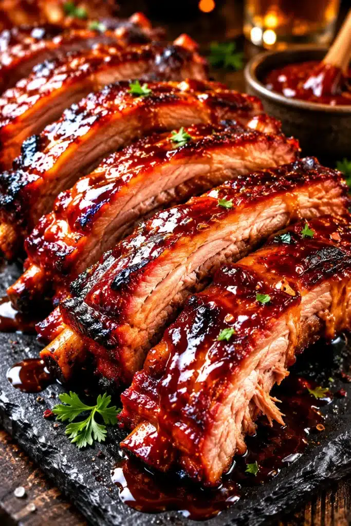 Instant Pot Ribs sliced and glazed with sticky BBQ sauce
