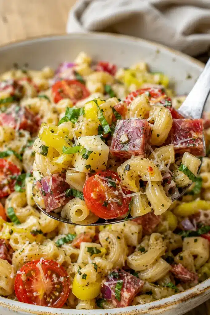 Italian Pasta Salad 3 Italian Pasta Salad served on a spoon with salami, cheese, and homemade Italian dressing