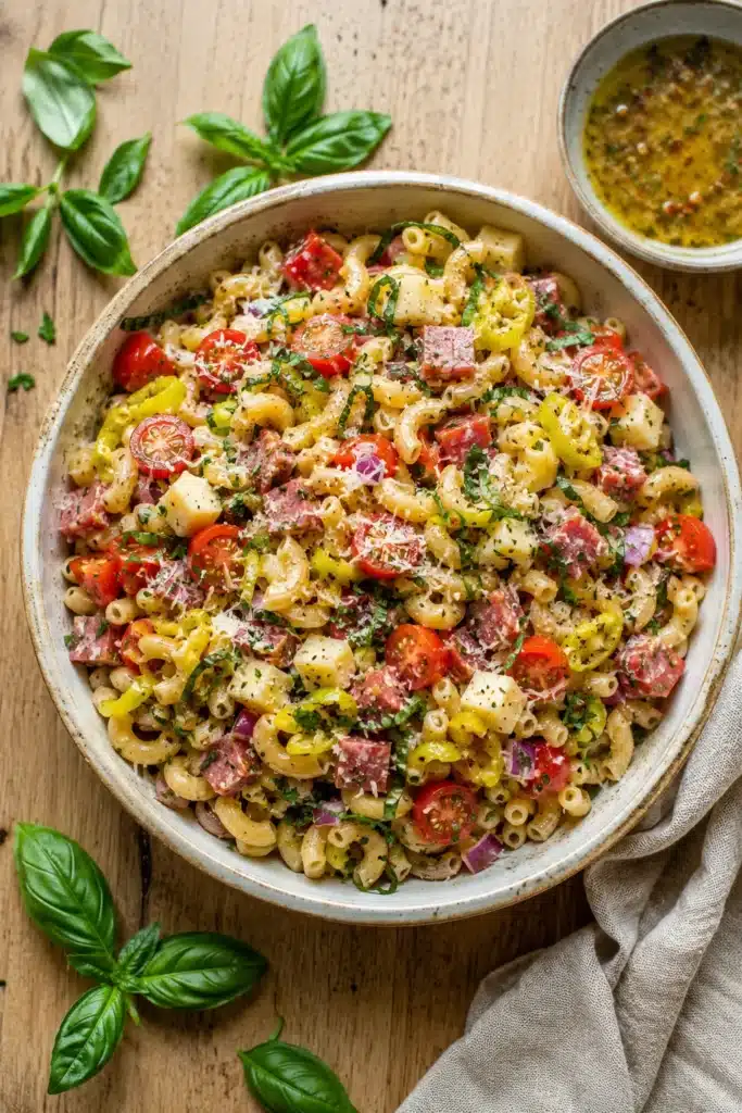 Italian pasta salad with salami, provolone, tomatoes, herbs, and homemade Italian dressing