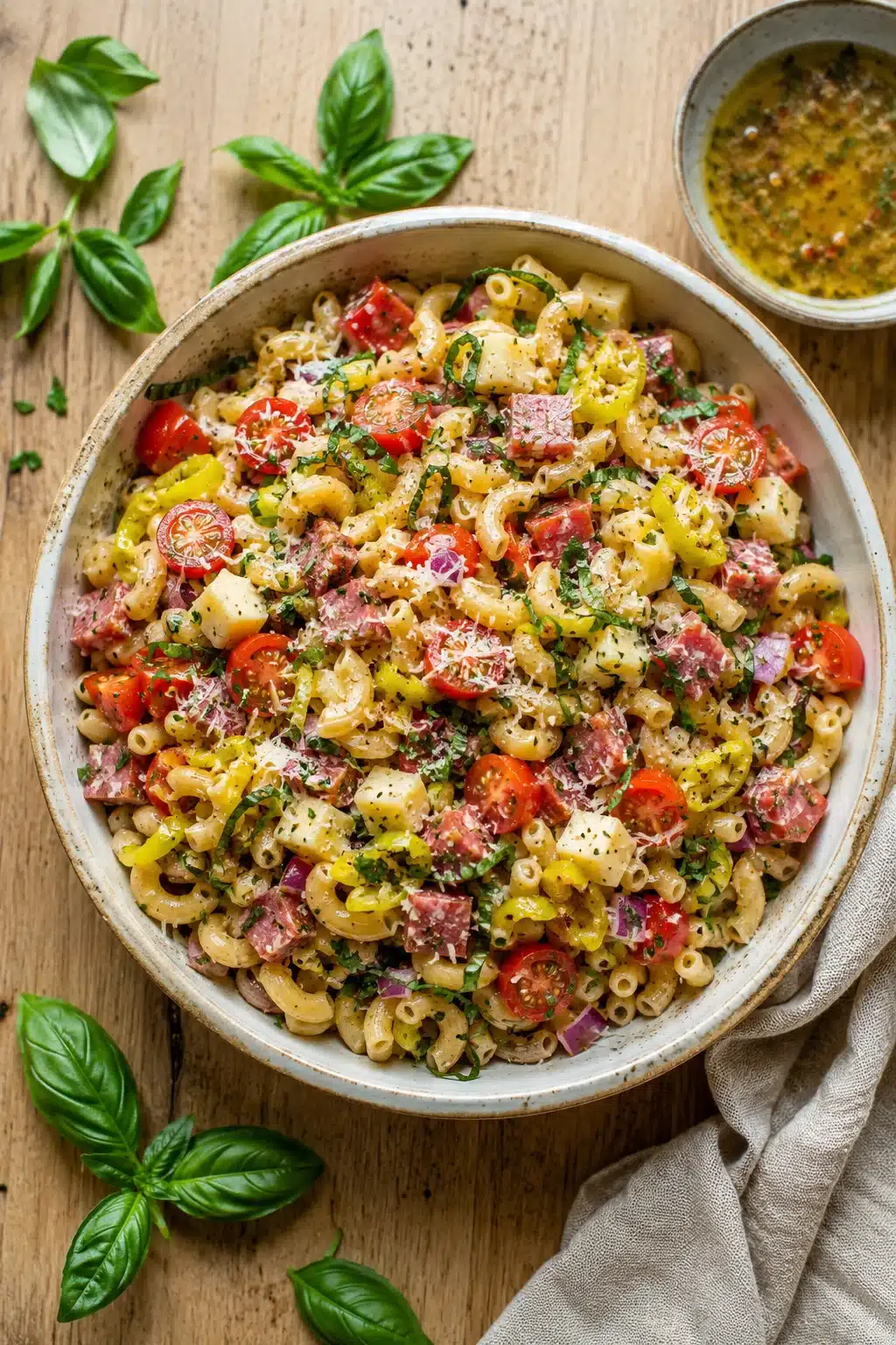 Italian pasta salad with salami, provolone, tomatoes, herbs, and homemade Italian dressing