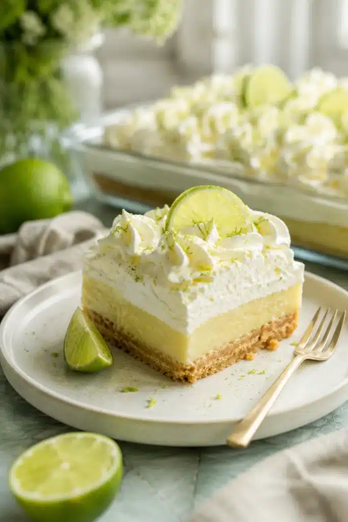 Key Lime Pie Lush slice with creamy lime filling, whipped topping, and cookie crust