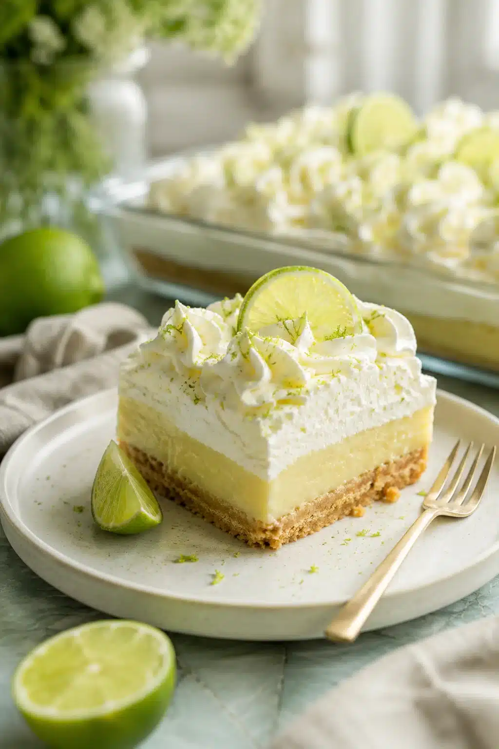 Key Lime Pie Lush slice with creamy lime filling, whipped topping, and cookie crust