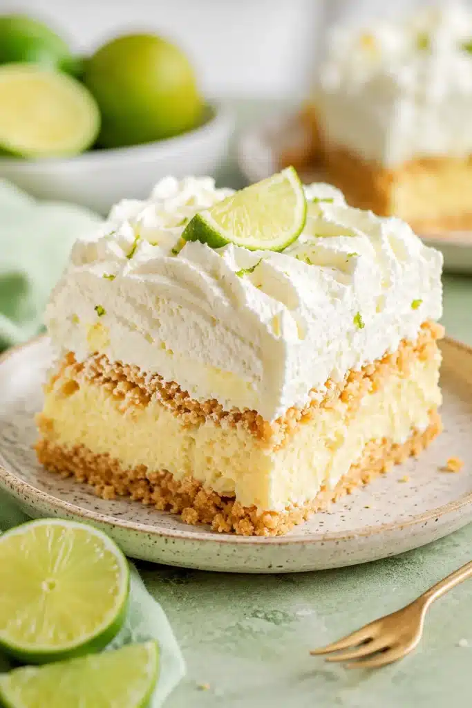 Key Lime Pie Lush slice with creamy lime filling, whipped cream topping, and cookie crust