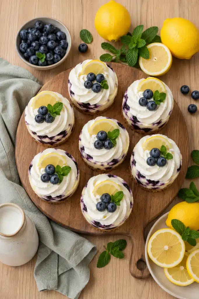 Lemon Blueberry Mini Cheesecakes topped with whipped cream, blueberries, and fresh lemon.
