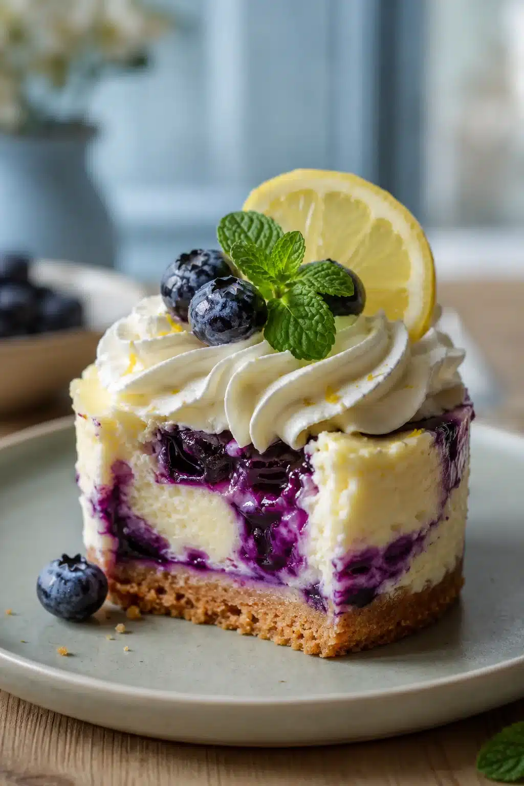 Lemon Blueberry Mini Cheesecake with whipped cream, fresh blueberries, and a buttery graham cracker crust.
