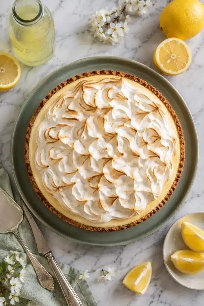 Whole Lemon Meringue Cheesecake with toasted meringue topping on serving platter