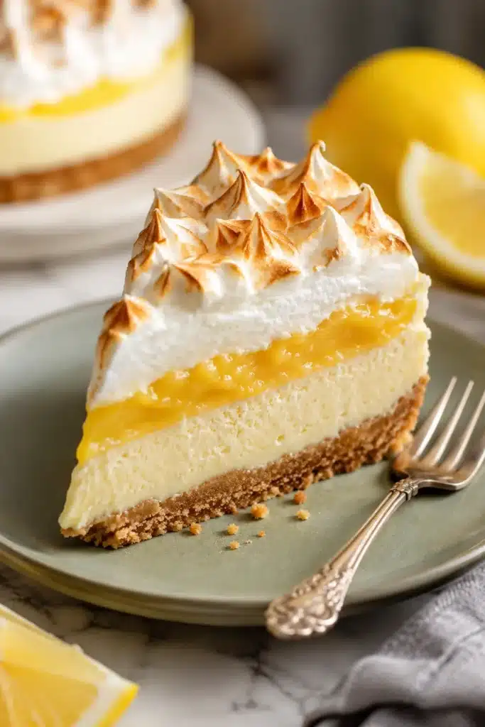 Lemon meringue cheesecake slice with lemon curd and toasted meringue topping