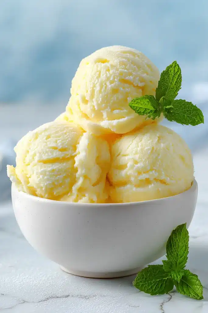 Homemade lemon sorbet in a bowl topped with fresh mint and lemon slices