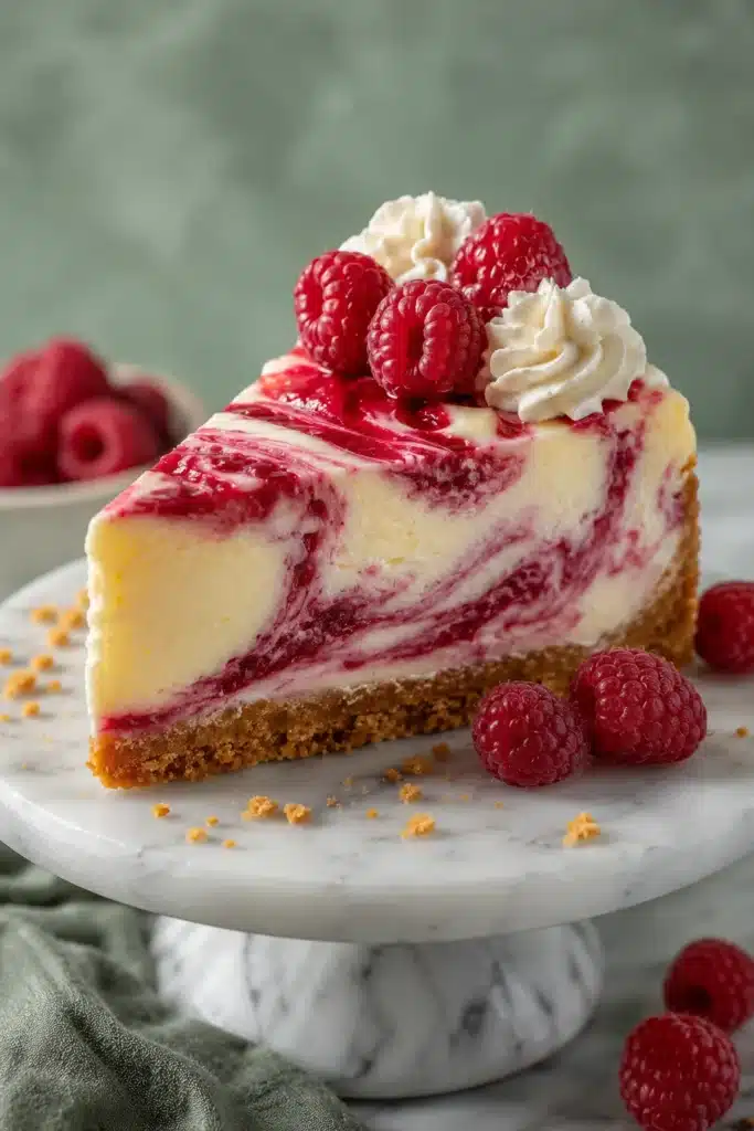Luscious Lemon Raspberry Swirl Cheesecake topped with fresh raspberries and creamy lemon filling
