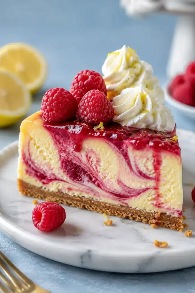 Luscious Lemon Raspberry Swirl Cheesecake topped with fresh raspberries and creamy lemon filling