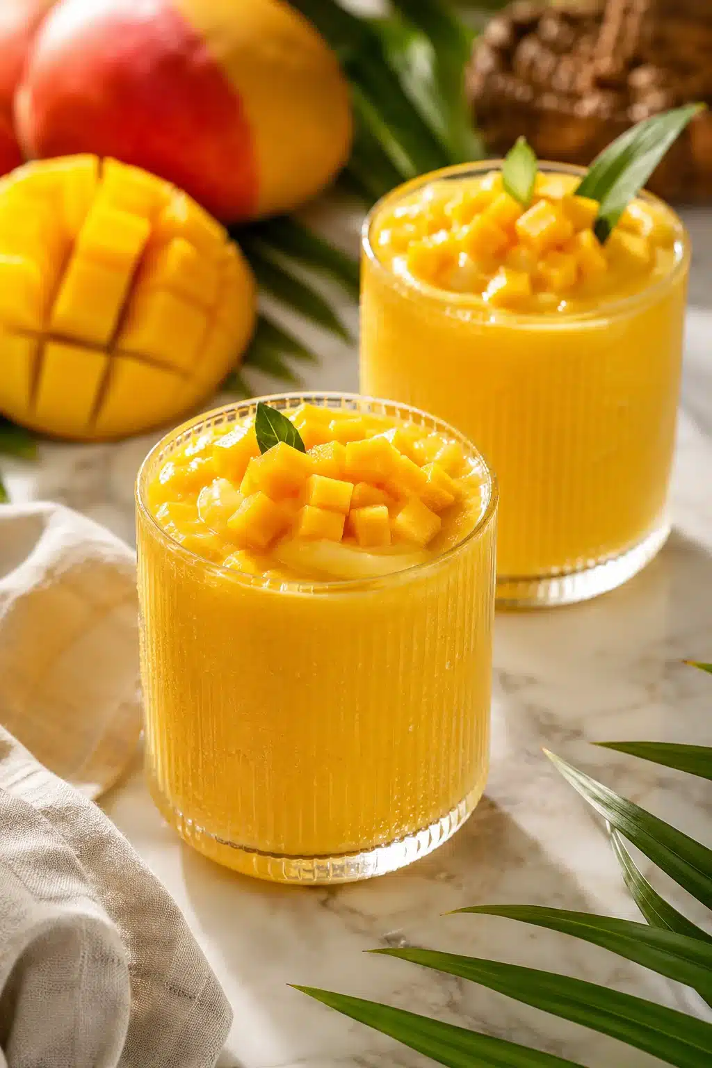 Mango Smoothie Recipe with creamy texture and fresh mango cubes