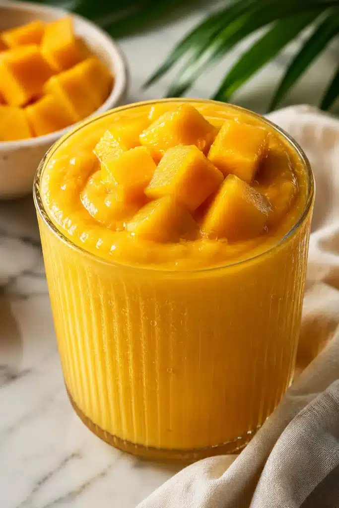 Creamy mango smoothie in glasses topped with fresh mango cubes on a bright kitchen table