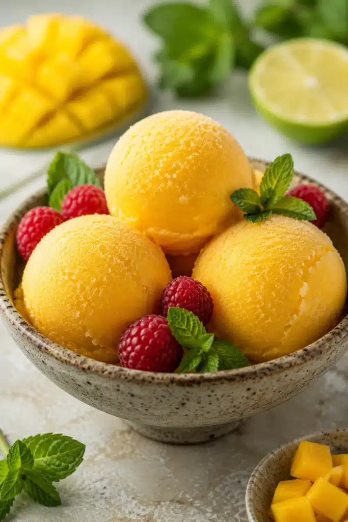 Mango Sorbet scoops in a bowl with raspberry and mint garnish