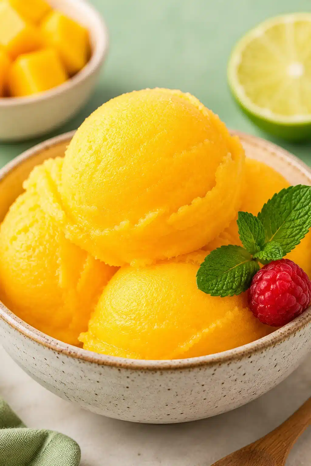 Mango sorbet scoops in a bowl with mint and raspberry garnish.
