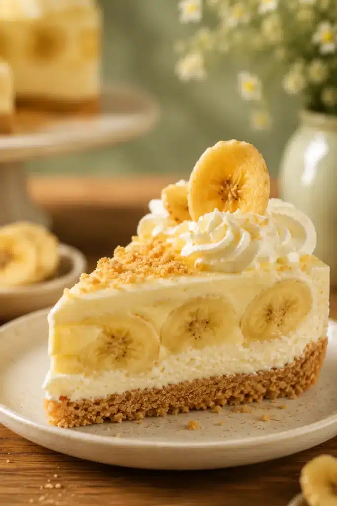 No Bake Banana Cream Pudding Cheesecake 3 Slice of No Bake Banana Cream Pudding Cheesecake with whipped cream, banana chips, and vanilla wafer crust.