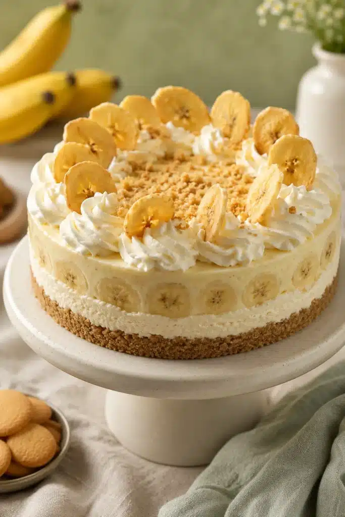 No Bake Banana Cream Pudding Cheesecake 2 No Bake Banana Cream Pudding Cheesecake with whipped cream, banana chips, and vanilla wafer crust.