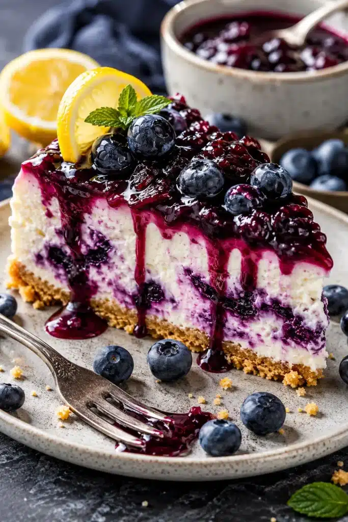 No-Bake Blueberry Cheesecake slice topped with homemade blueberry sauce