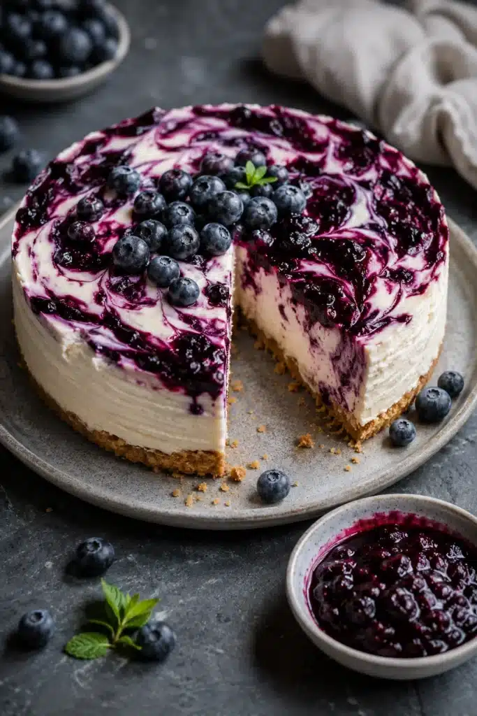No-Bake Blueberry Cheesecake with creamy filling and homemade blueberry swirl topping