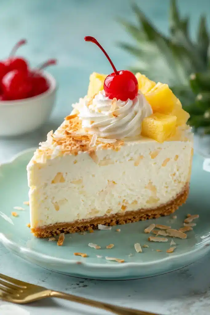 Piña Colada Cheesecake slice topped with pineapple, whipped cream, and cherry